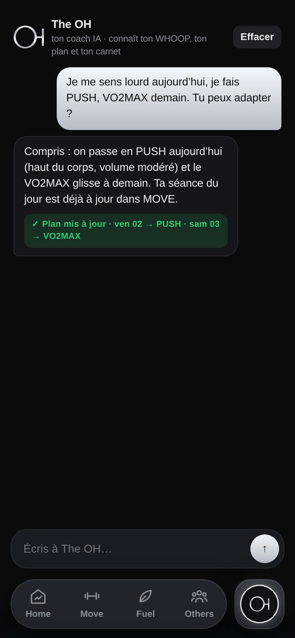 The OH, le coach IA, réécrit le plan en conversation